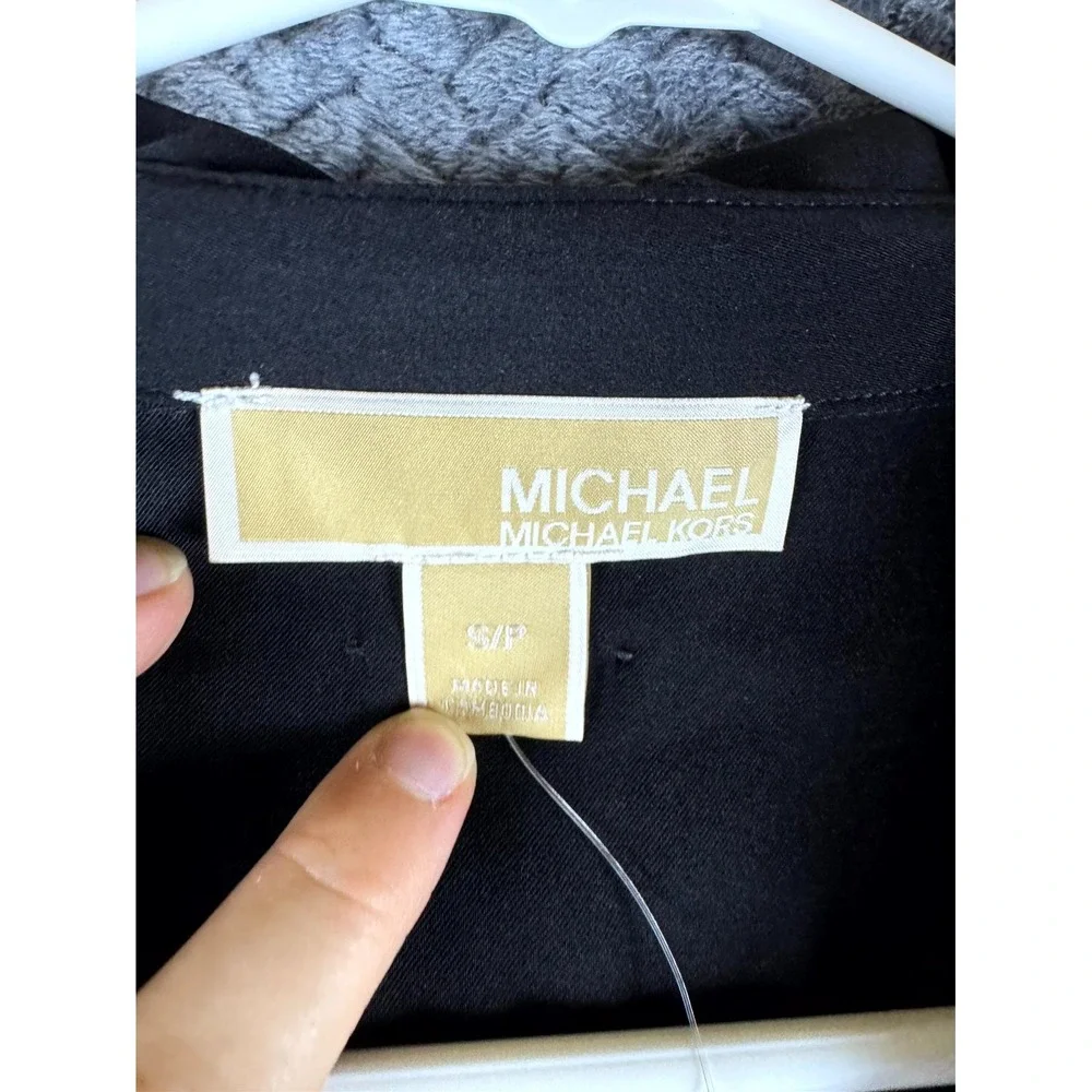Michael Kors Blouse Top Womens Small Black V Neck Tie Cuff Curved Hem Pullover